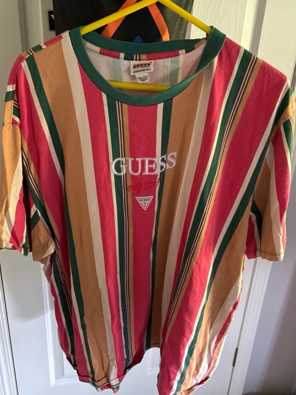 GUESS Short-Sleeve Striped Logo Tee in Pink, Green & Tan